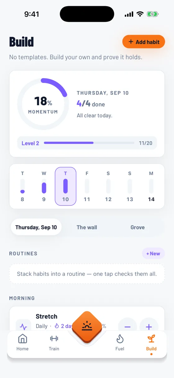 The Build tab: momentum and a selected day from the demo habit history.