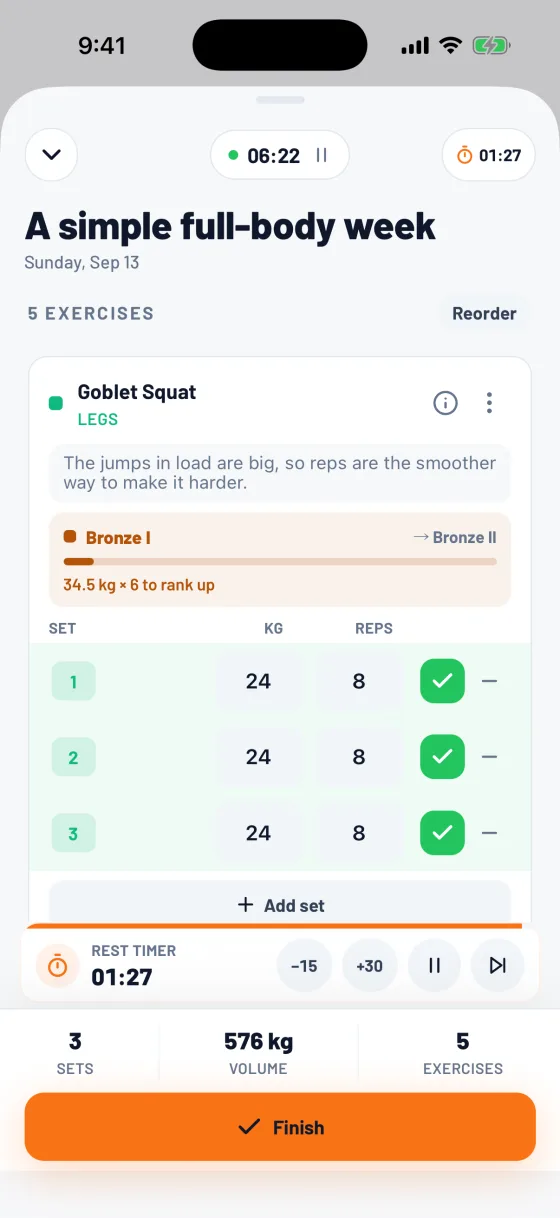 The workout logger mid-session: a goblet squat set ticked done and the rest timer counting down.